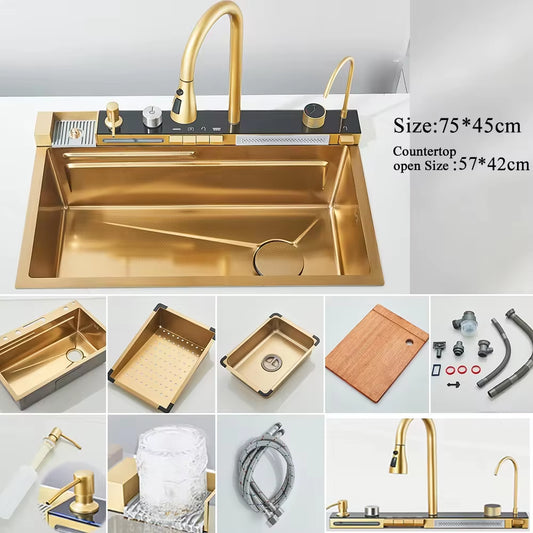 Golden Smart Digital Display Integrated Kitchen Sink Set Temperature Control Waterfall Water Purifier Soap Dispenser Cup Washer