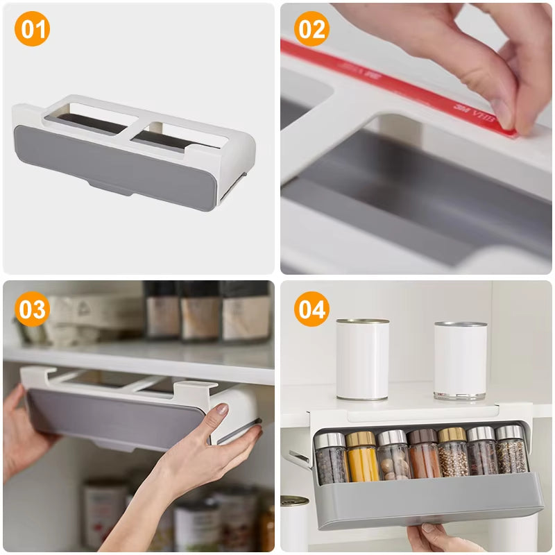 Kitchen Self-Adhesive Spice Organizer Rack Seasoning Bottle Storage Rack under Desk Drawer Hidden Kitchen Supplies Storage