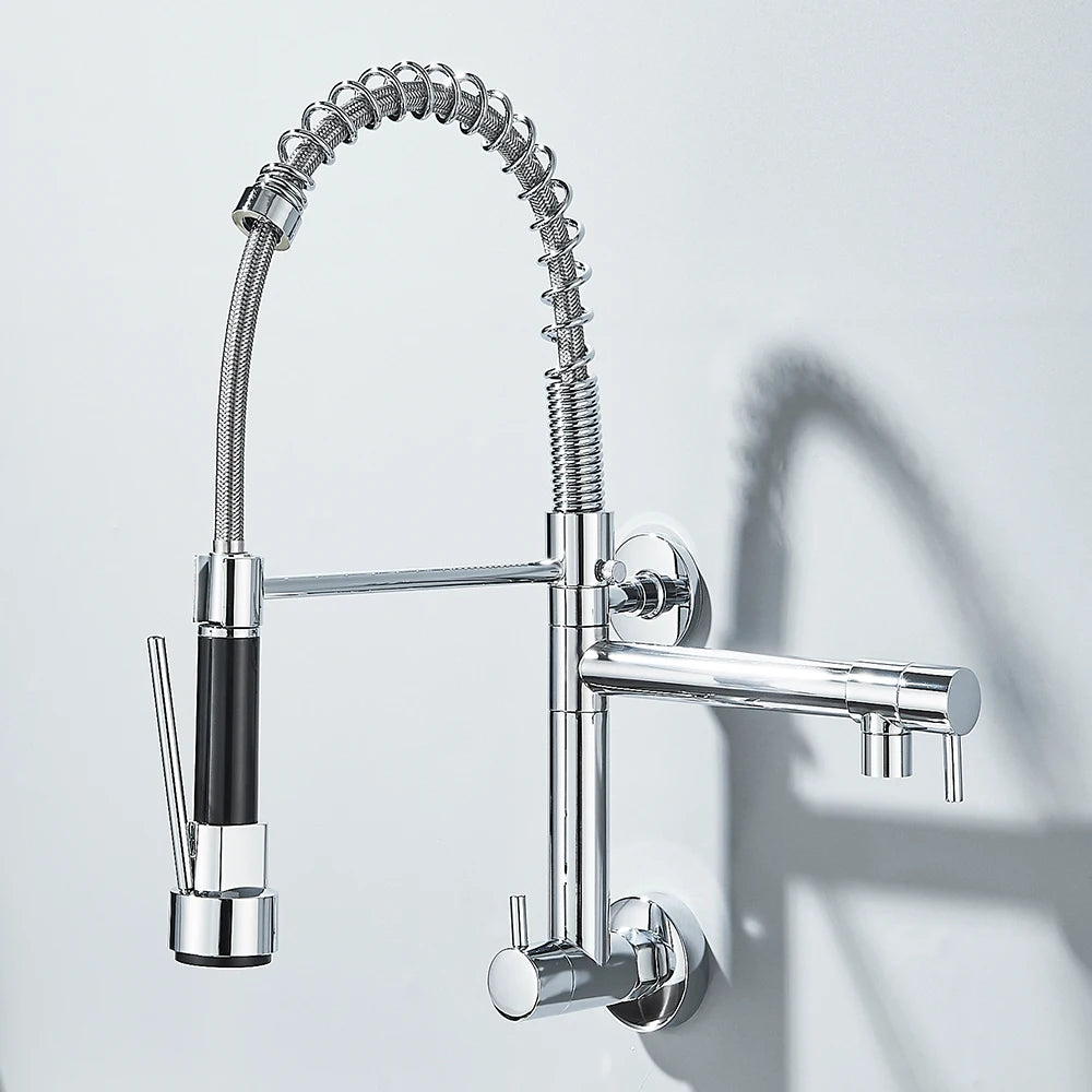 Pull down Kitchen Faucet Wall Mounted Spring Single Cold Water Dual Spouts Kitchen Tap 360 Rotation Water Crane Tap for Kitchen