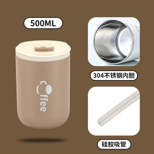 500Ml Double Wall Stainless Steel Thermos Cups with Straw Insulated Thermal Mug Vacuum Flasks Coffee Travel Drinks Water Bottle