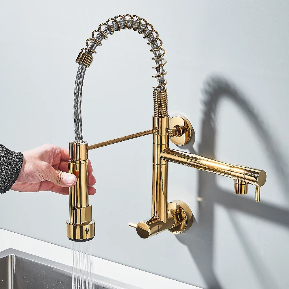 Pull down Kitchen Faucet Wall Mounted Spring Single Cold Water Dual Spouts Kitchen Tap 360 Rotation Water Crane Tap for Kitchen