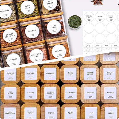 5Oz Glass Jars Set with Spice Labels,Square Spice Jars with Bamboo Lids/Sticker Labels, Food Storage Container Canisters