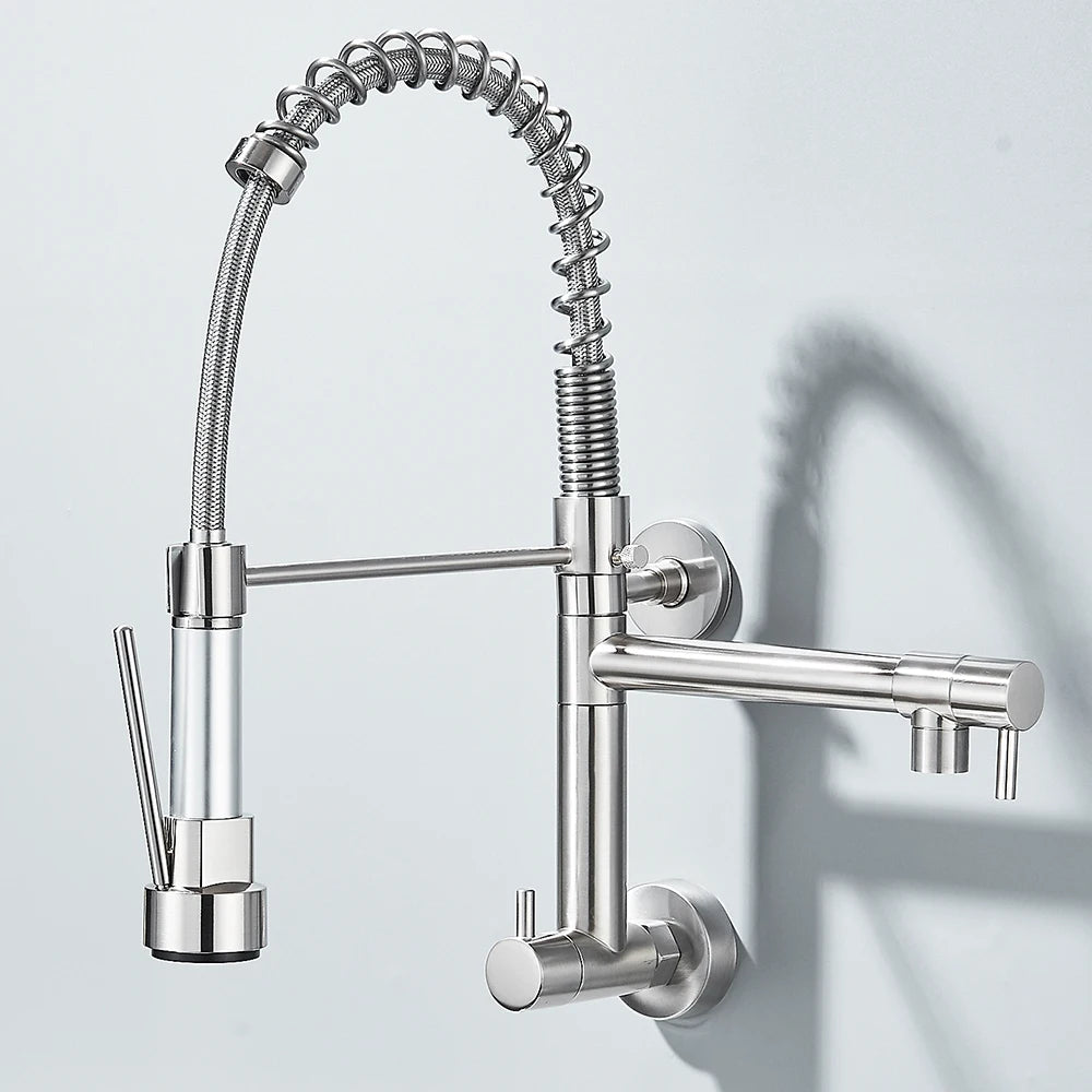 Pull down Kitchen Faucet Wall Mounted Spring Single Cold Water Dual Spouts Kitchen Tap 360 Rotation Water Crane Tap for Kitchen