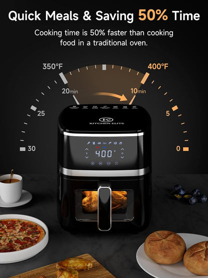 Air Fryer Oven 5.28 Qt, 7-In-1 Digital Display Compact Cooker with Easy View Windows，Space-Saving, Nonstick and Dishwasher Safe Basket, Black