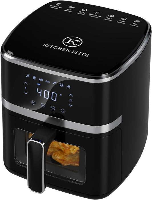 Air Fryer Oven 5.28 Qt, 7-In-1 Digital Display Compact Cooker with Easy View Windows，Space-Saving, Nonstick and Dishwasher Safe Basket, Black