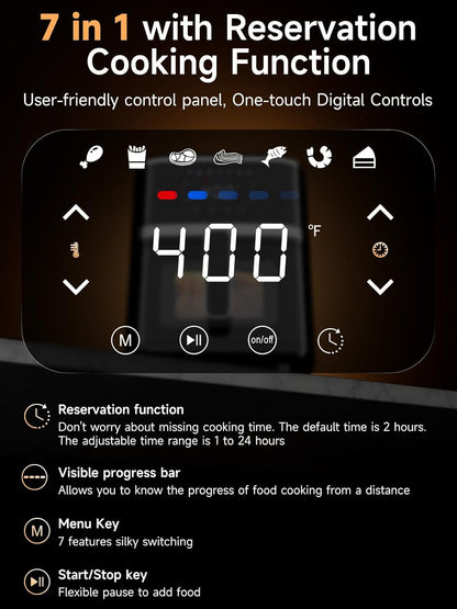 Air Fryer Oven 5.28 Qt, 7-In-1 Digital Display Compact Cooker with Easy View Windows，Space-Saving, Nonstick and Dishwasher Safe Basket, Black