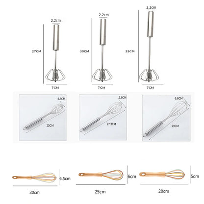 Kitchen Stainless Steel Whisk Creamer Semi-Automatic Rotary Whisk Beech Wood Vase Handle Hand Mixer G041