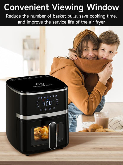 Air Fryer Oven 5.28 Qt, 7-In-1 Digital Display Compact Cooker with Easy View Windows，Space-Saving, Nonstick and Dishwasher Safe Basket, Black