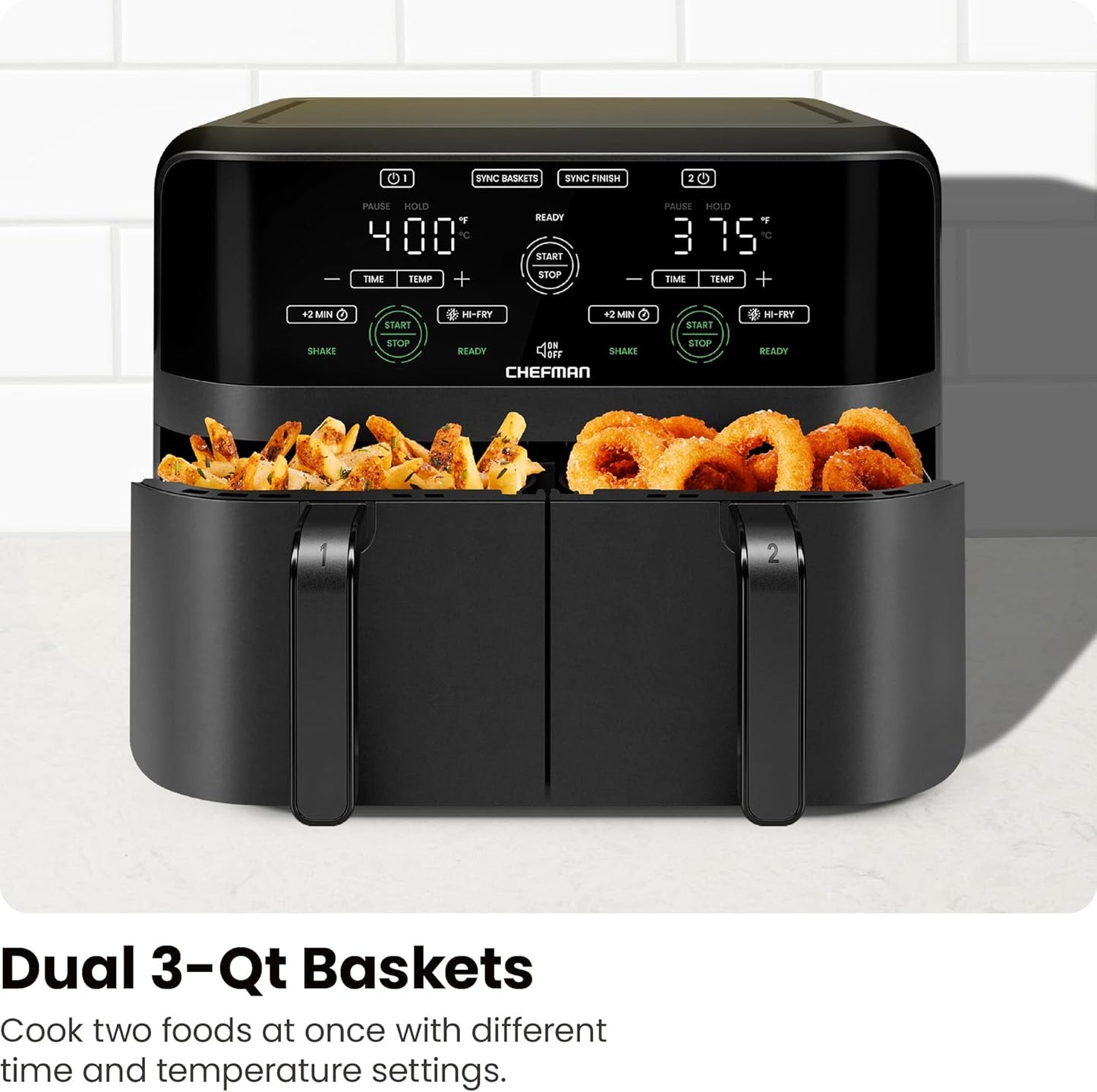 6 Quart Dual Basket Air Fryer - Digital Touchscreen, Smart Sync Finish, Hi-Fry, Auto Shutoff, 2 Independent 3QT Nonstick Dishwasher-Safe Frying Baskets - Digital Double Air Fryer - Black