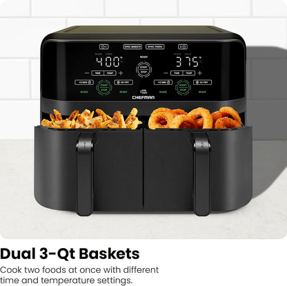 6 Quart Dual Basket Air Fryer - Digital Touchscreen, Smart Sync Finish, Hi-Fry, Auto Shutoff, 2 Independent 3QT Nonstick Dishwasher-Safe Frying Baskets - Digital Double Air Fryer - Black