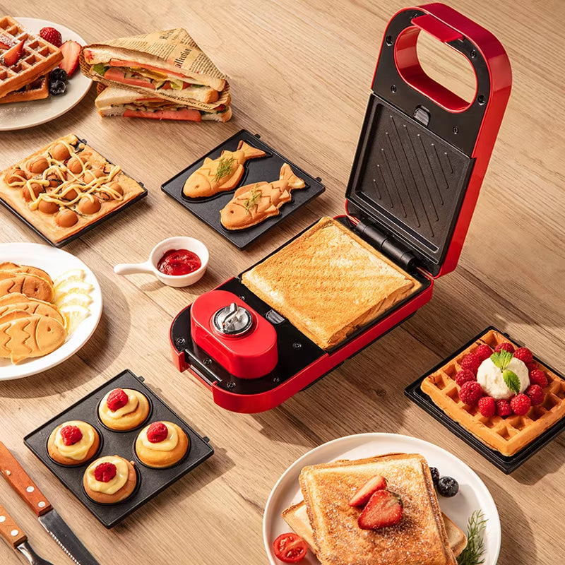 220V Electric Sandwich Maker Timed Waffle Maker Toaster Baking Multifunction Breakfast Machine Takoyaki Pancake Sandwichera 600W