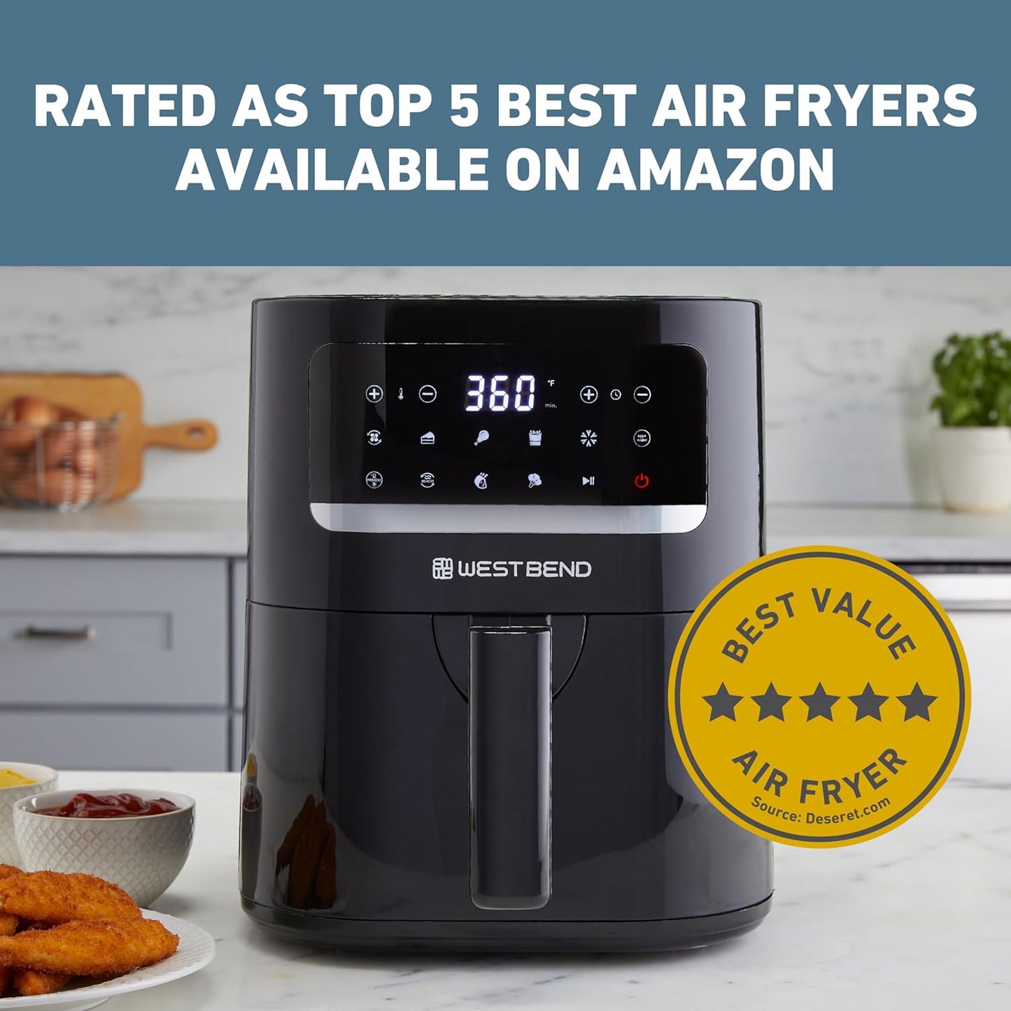 Compact Air Fryer 5-Quart Capacity with Digital Controls and 10 Cooking Presets, Nonstick Frying Basket, 1500-Watts, Black