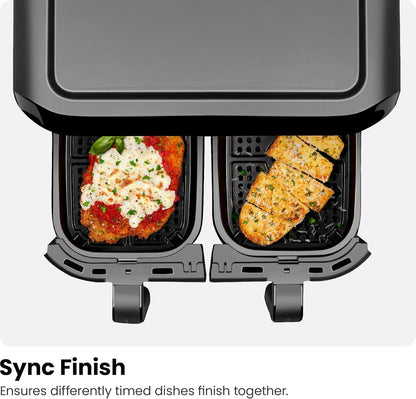 6 Quart Dual Basket Air Fryer - Digital Touchscreen, Smart Sync Finish, Hi-Fry, Auto Shutoff, 2 Independent 3QT Nonstick Dishwasher-Safe Frying Baskets - Digital Double Air Fryer - Black