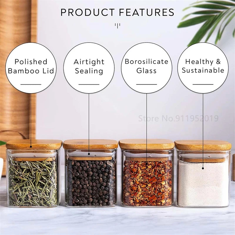 5Oz Glass Jars Set with Spice Labels,Square Spice Jars with Bamboo Lids/Sticker Labels, Food Storage Container Canisters