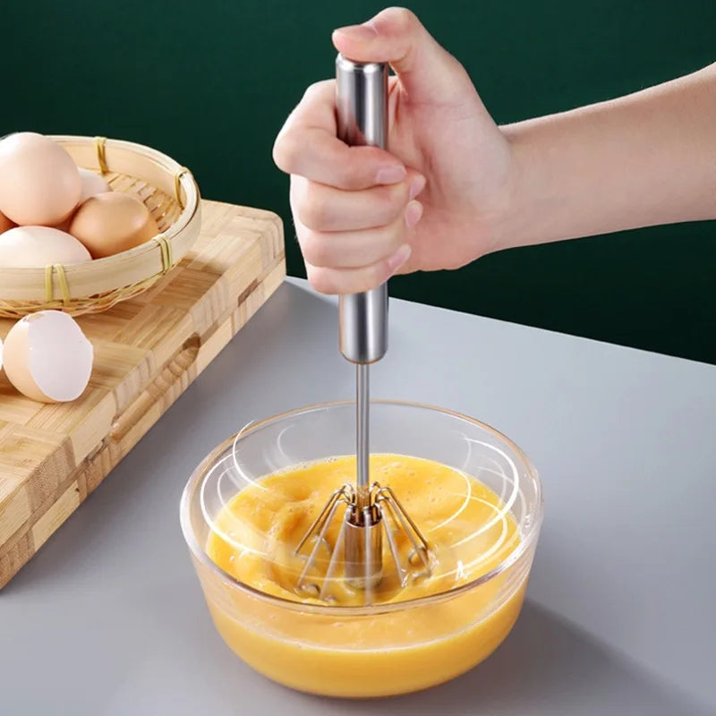 Kitchen Stainless Steel Whisk Creamer Semi-Automatic Rotary Whisk Beech Wood Vase Handle Hand Mixer G041