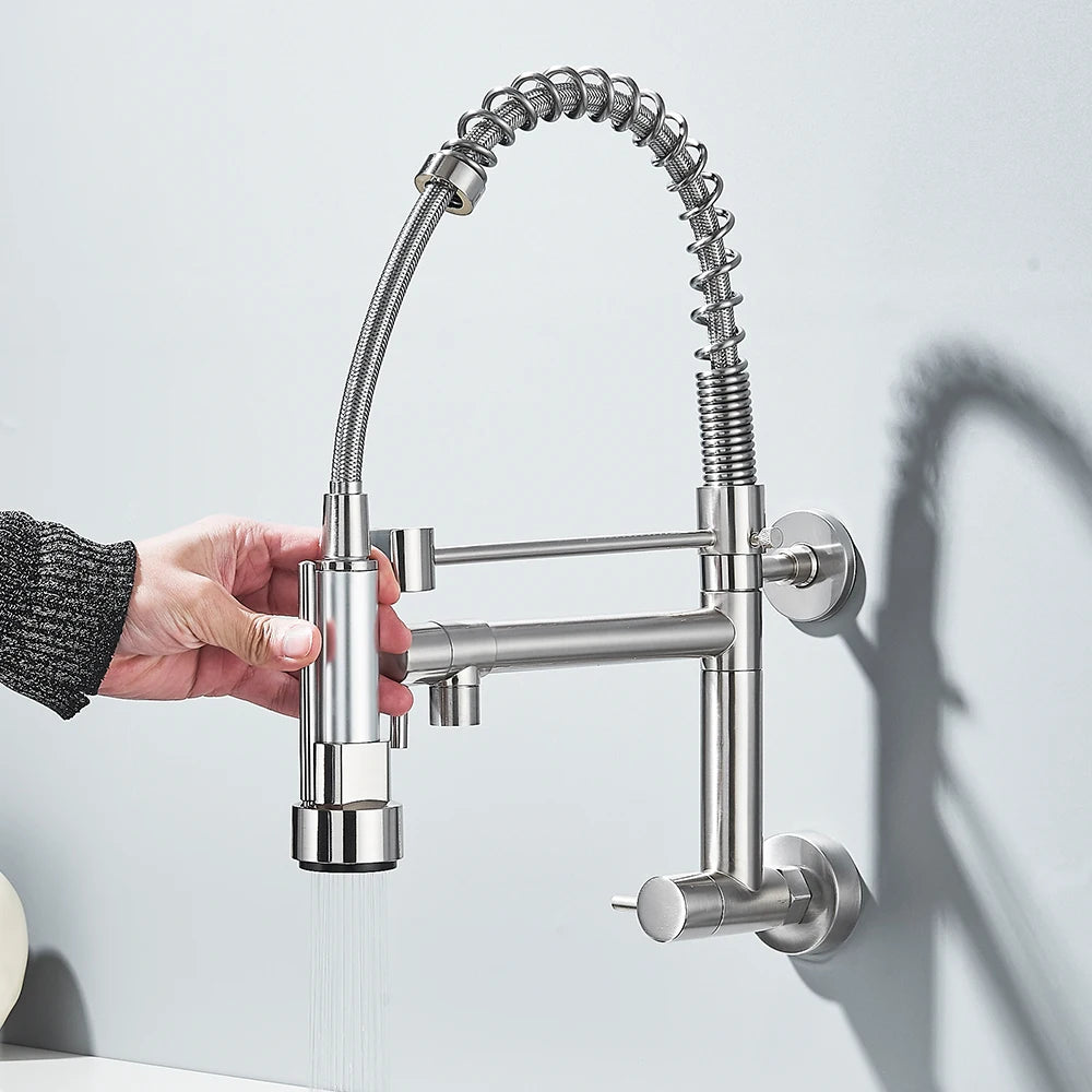 Pull down Kitchen Faucet Wall Mounted Spring Single Cold Water Dual Spouts Kitchen Tap 360 Rotation Water Crane Tap for Kitchen