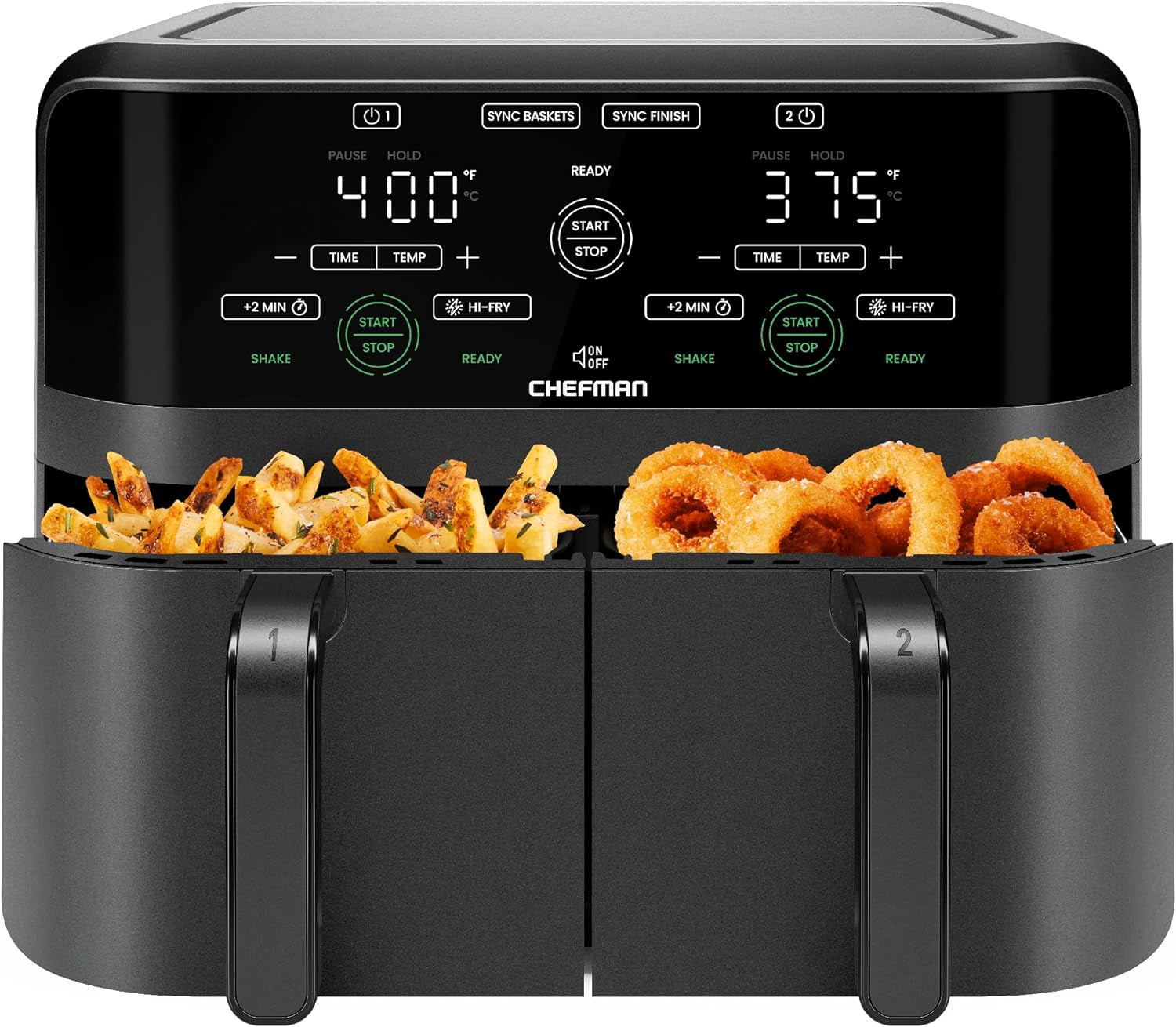 6 Quart Dual Basket Air Fryer - Digital Touchscreen, Smart Sync Finish, Hi-Fry, Auto Shutoff, 2 Independent 3QT Nonstick Dishwasher-Safe Frying Baskets - Digital Double Air Fryer - Black