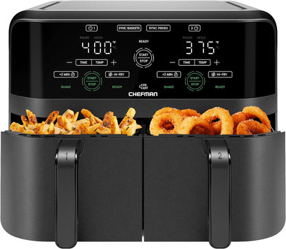 6 Quart Dual Basket Air Fryer - Digital Touchscreen, Smart Sync Finish, Hi-Fry, Auto Shutoff, 2 Independent 3QT Nonstick Dishwasher-Safe Frying Baskets - Digital Double Air Fryer - Black