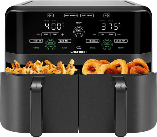 6 Quart Dual Basket Air Fryer - Digital Touchscreen, Smart Sync Finish, Hi-Fry, Auto Shutoff, 2 Independent 3QT Nonstick Dishwasher-Safe Frying Baskets - Digital Double Air Fryer - Black