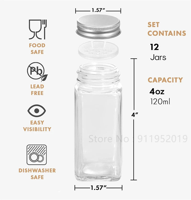 12Pcs Glass Spice Jars with Labels 4Oz Empty Square Spice Bottles Containers,Condiment Pot with Lids,Airtight Metal Caps,Funnel