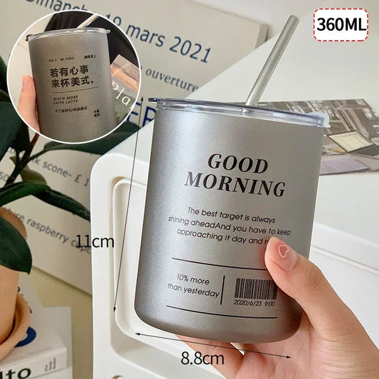 Ins Coffee Cup Thermoses Stainless Steel Water Bottle Straw Cup Ice American Coffee Mug Double-Layer Vacuum Flask Couple Cup