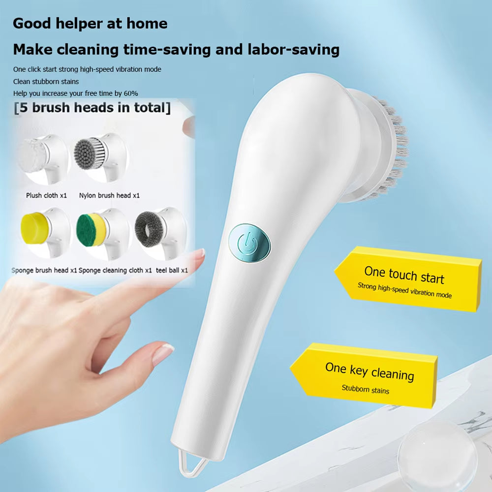 Electric Cleaning Brush 5-In-1 Multi-Functional USB Charging Bathroom Wash Tool Kitchen Clean Accessories Easily Dishwashing