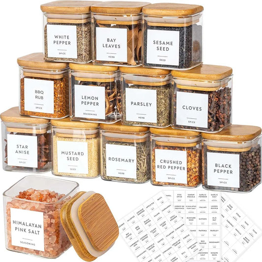 5Oz Glass Jars Set with Spice Labels,Square Spice Jars with Bamboo Lids/Sticker Labels, Food Storage Container Canisters